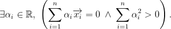 \dpi{120} \exists \alpha _{i}\in \mathbb{R},\; \left ( \sum_{i=1}^{n} \alpha _{i}\overrightarrow{x_{i}}=0\: \wedge \: \sum_{i=1}^{n}\alpha _{i}^{2}>0\right ).
